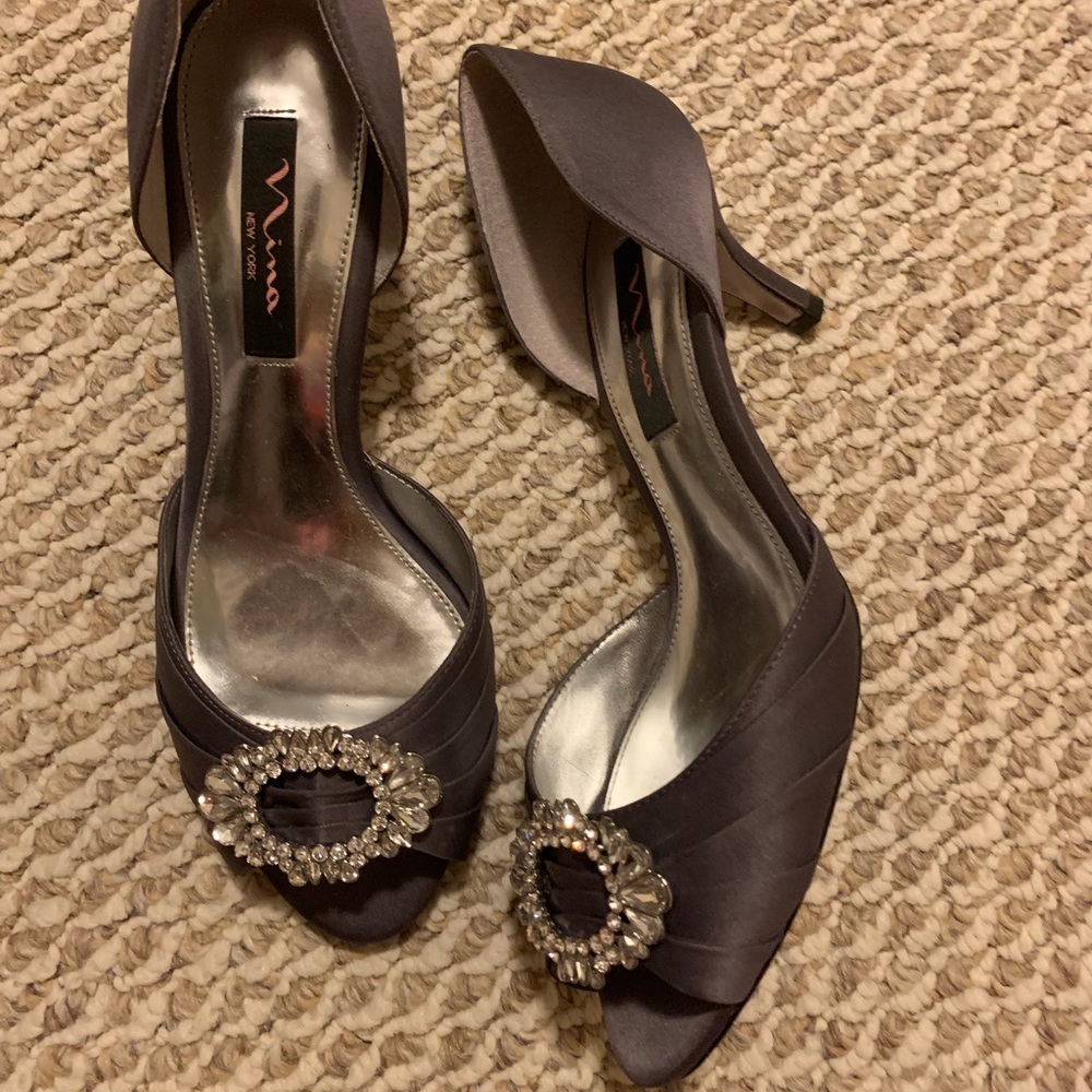 Satin gray d’orsay low pumps
